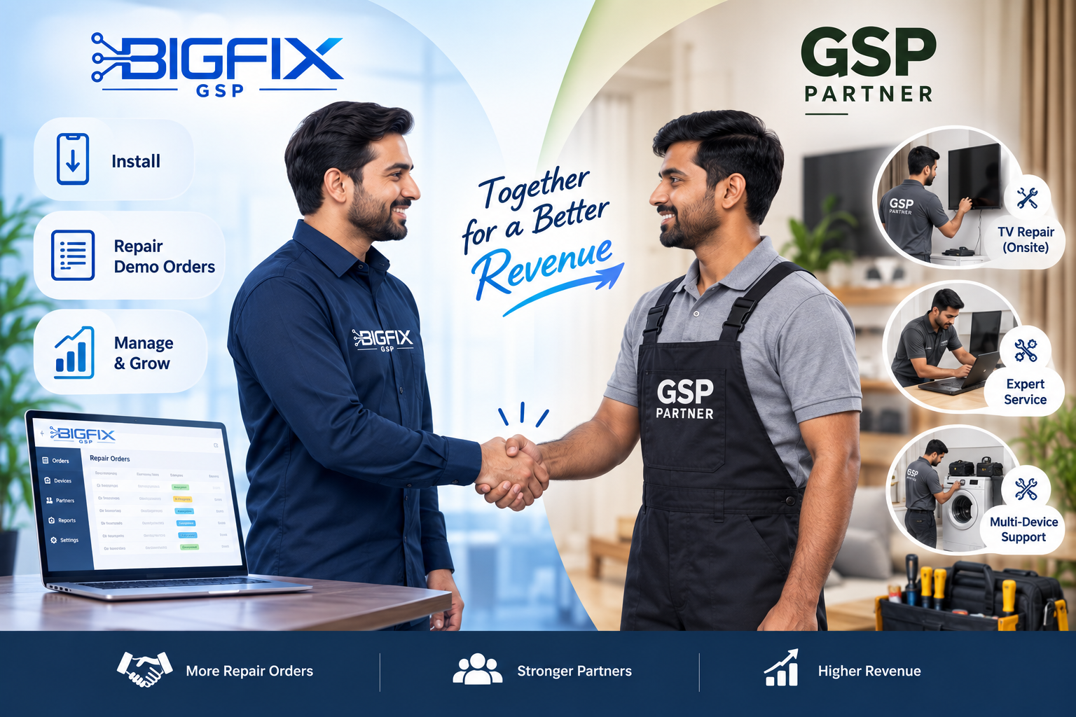Bigfix GSP partner dashboard showing orders, completed jobs, and status overview